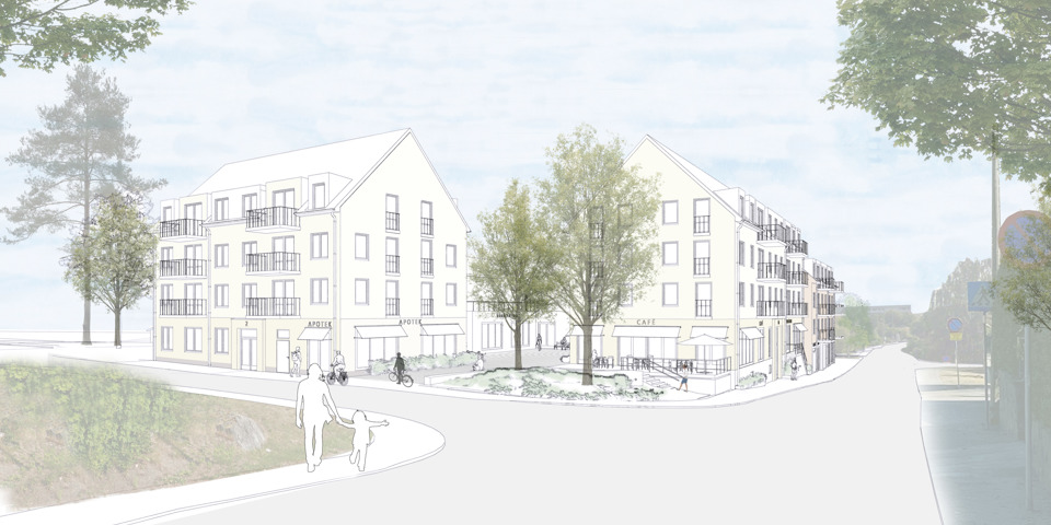 Illustration av den föreslagna bebyggelsen med flerbostadshus i 3,5 våningar med sadeltak.